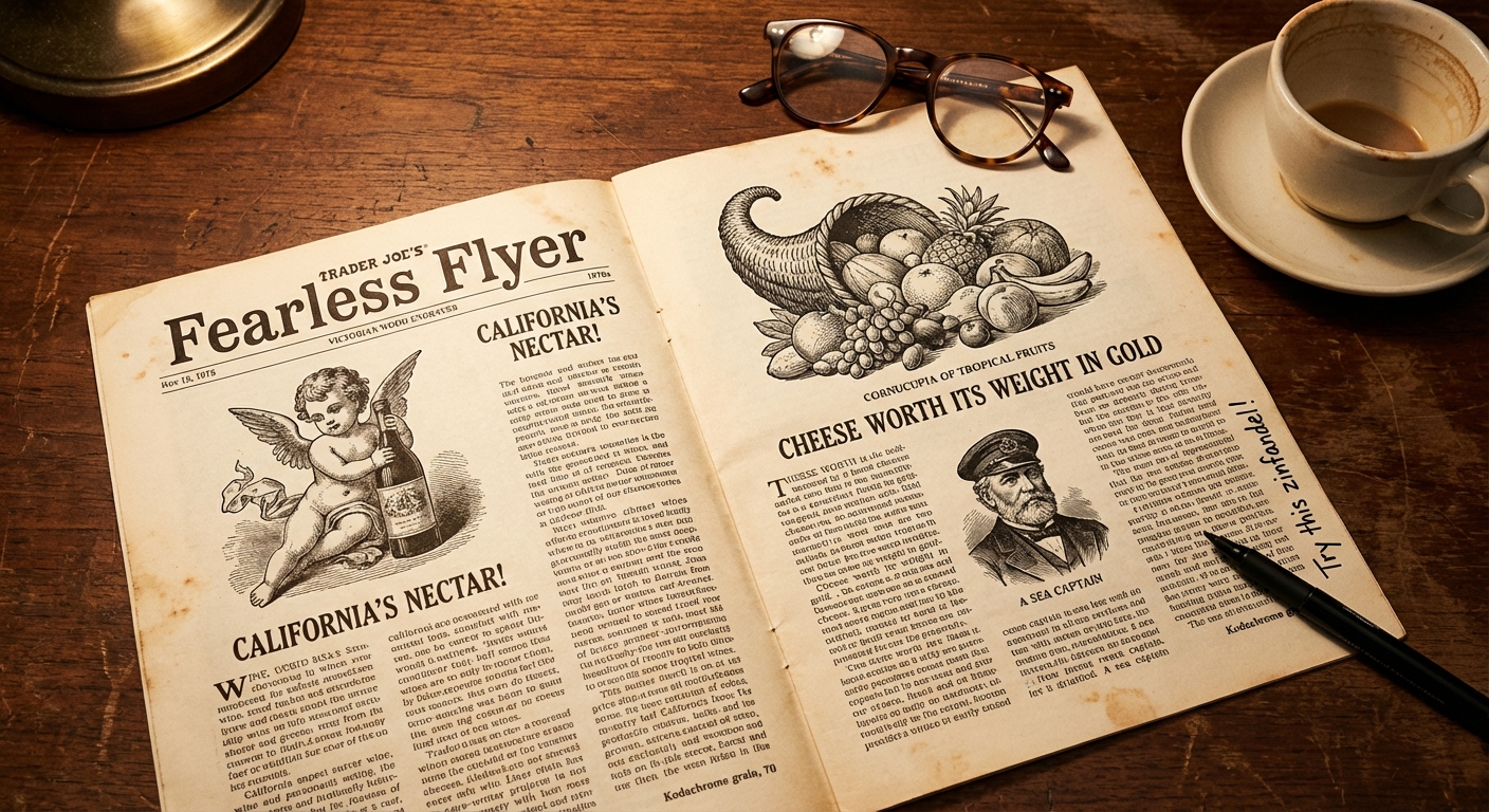 A vintage Fearless Flyer newsletter with Victorian woodcut illustrations and whimsical product descriptions